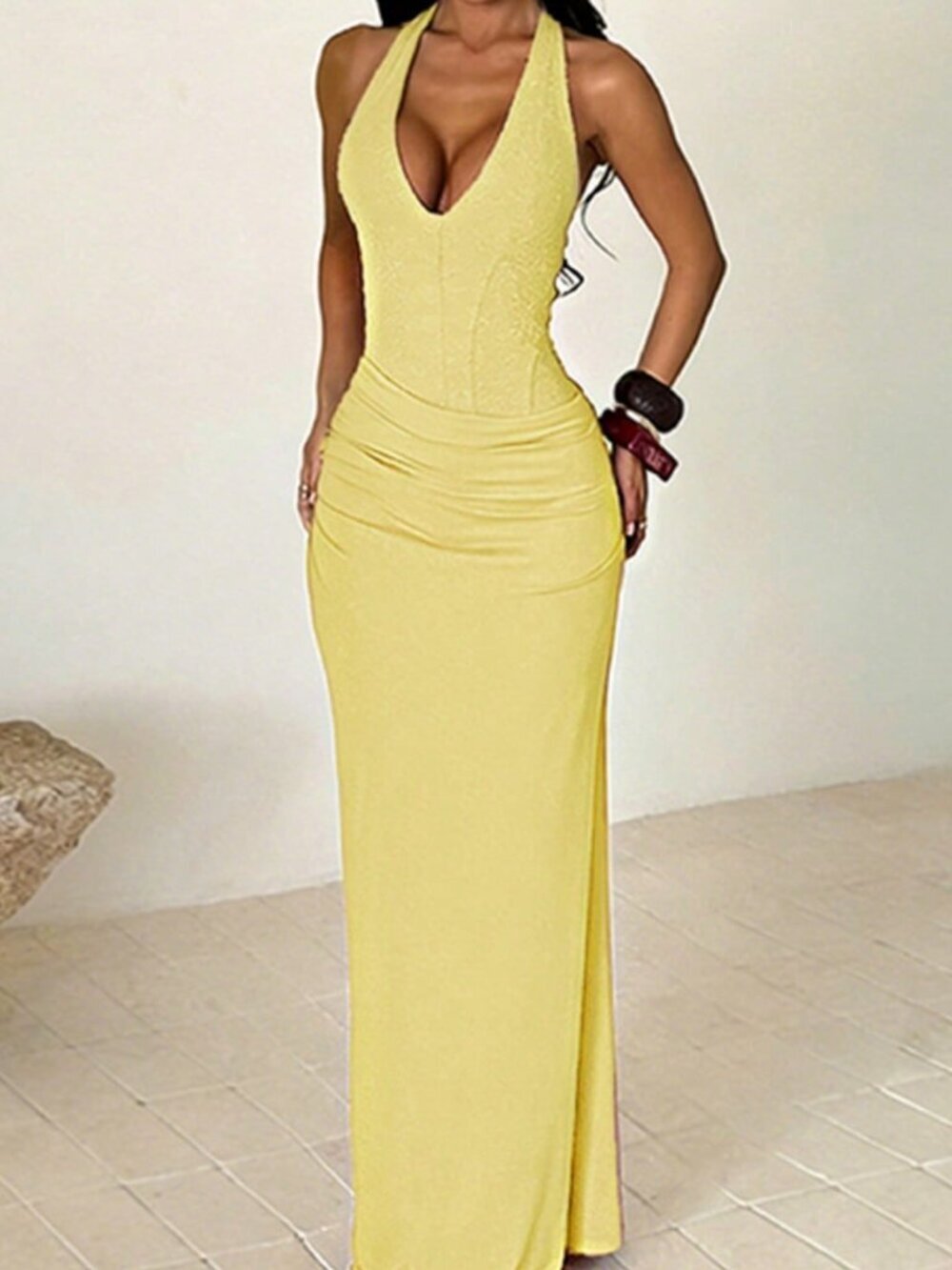 Yellow Casual Women's Waist-Cinching Dress with Halter Neck - Picture 4 of 4